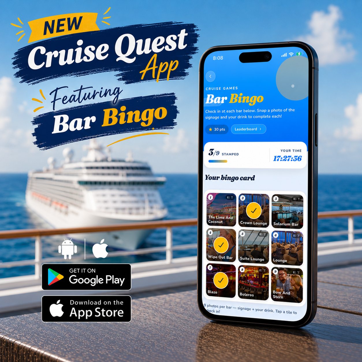 Cruise Quest app — Bar Bingo, Photo Journal & Leaderboards