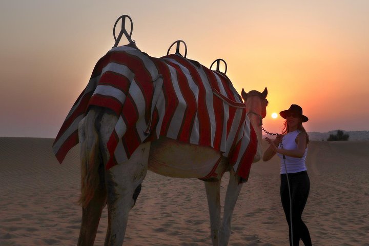 Dubai Sunset Camel Trekking With BBQ Dinner at VIP Camp - Image 1