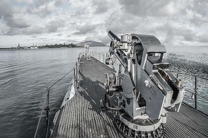 Battleships of WWII at Pearl Harbor Departing from Waikiki - Image 1