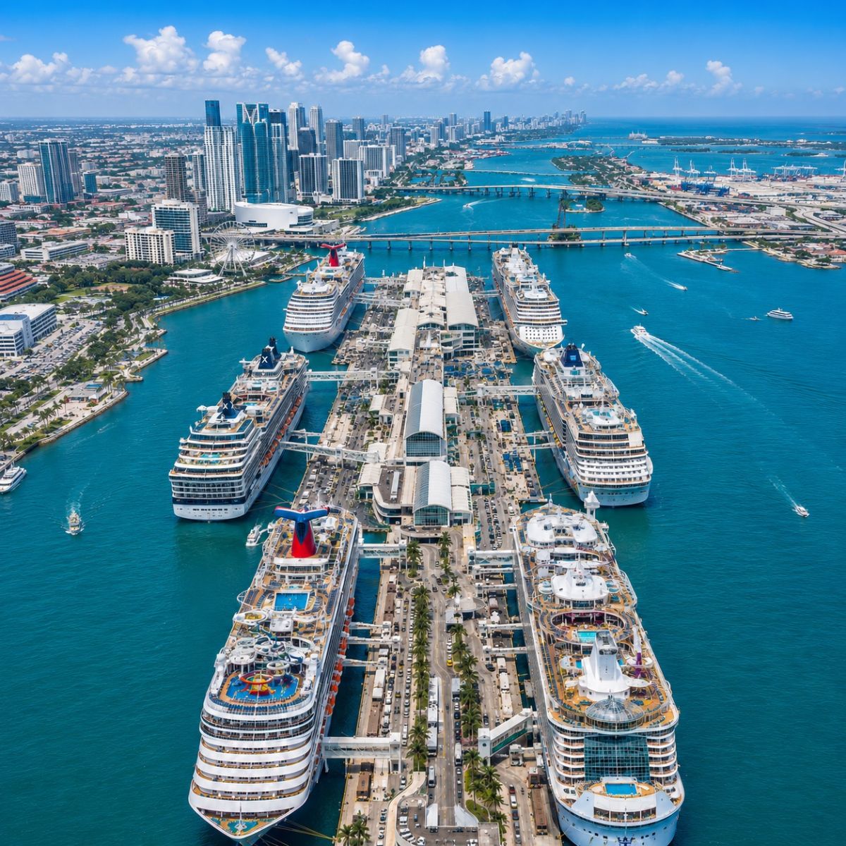 Aerial view of cruise ships docked at port