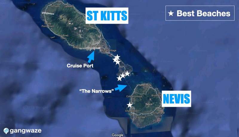 St Kitts Beaches vs Nevis Beaches Map