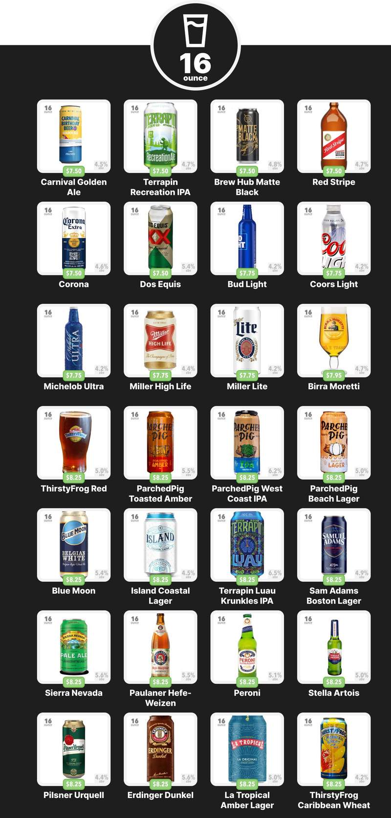 Carnival 16 Ounce Beer Menu Options