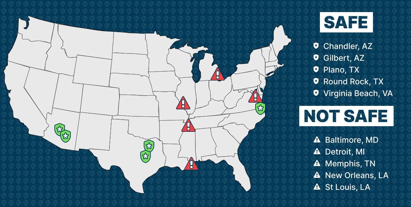 Map of the U.S. showing the location of the most and least safe cities
