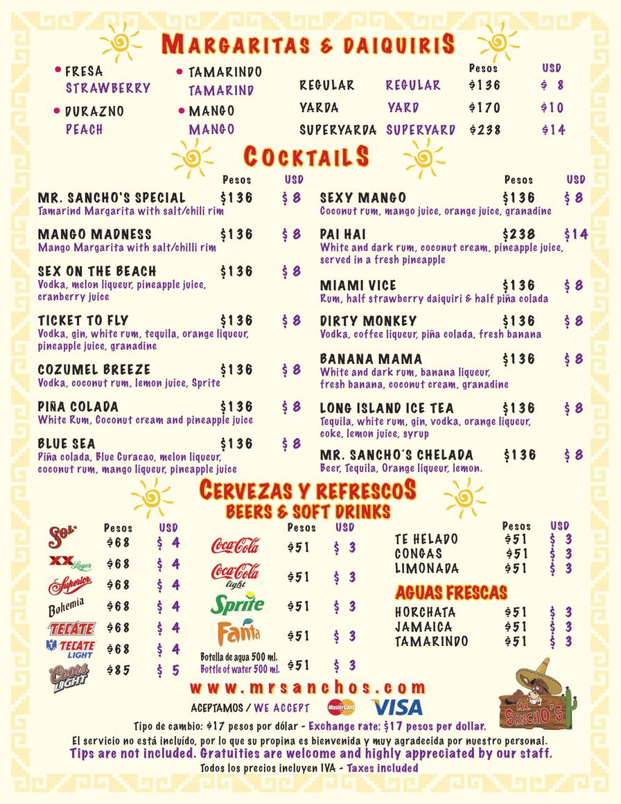 Mr Sanchos Al Inclusive Menu
