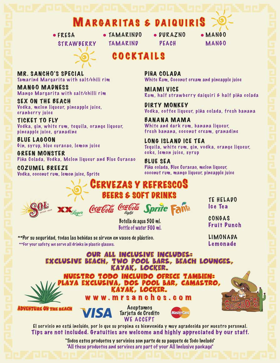 Mr Sanchos Al Inclusive Menu