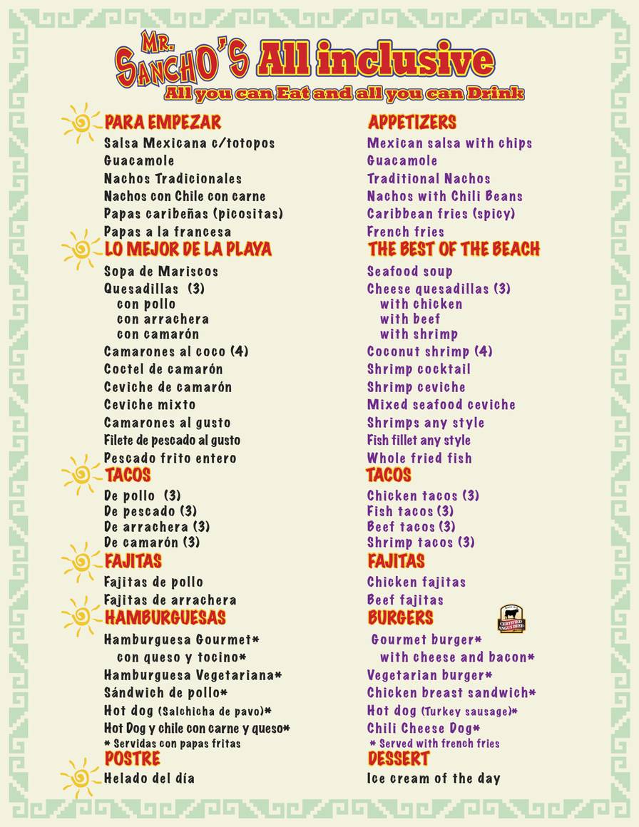 Mr Sanchos Al Inclusive Menu