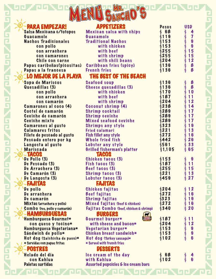 Mr Sanchos Al Inclusive Menu