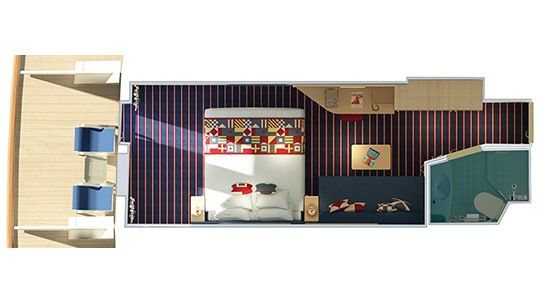 Carnival Horizon Family Harbor Aft-View Extended Balcony Stateroom Floorplan