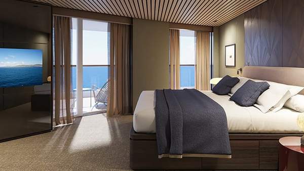Norwegian Haven Aft Facing Owners Suite Master Bedroom Large Balcony Cabin Category