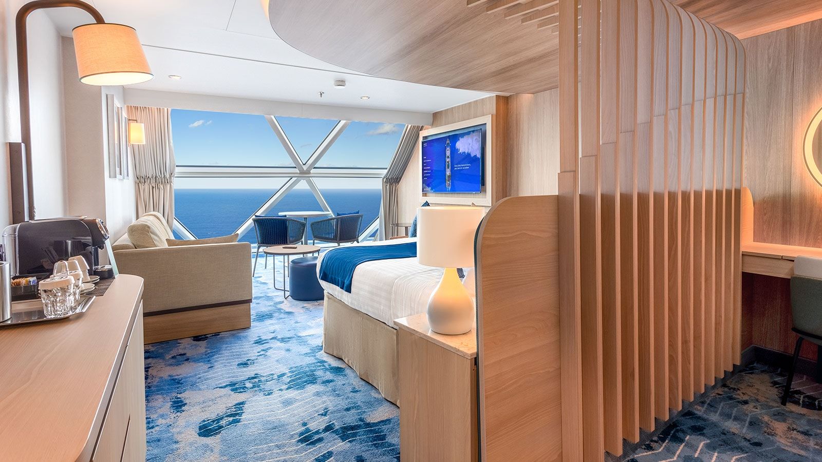 Icon of the Seas Ocean View Panoramic Suite (No Balcony) (VP) bedroom, photo 1 of 3