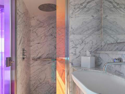 Virgin Voyages Cheeky Corner Suite - Biggest Terrace (SCB) bathroom, photo 1 of 2 Virgin Voyages Cheeky Corner Suite - Biggest Terrace (SCB) bathroom, photo 1 of 2