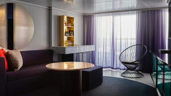 Virgin Voyages Fab Suite (SF) living area Virgin Voyages Fab Suite (SF) living area