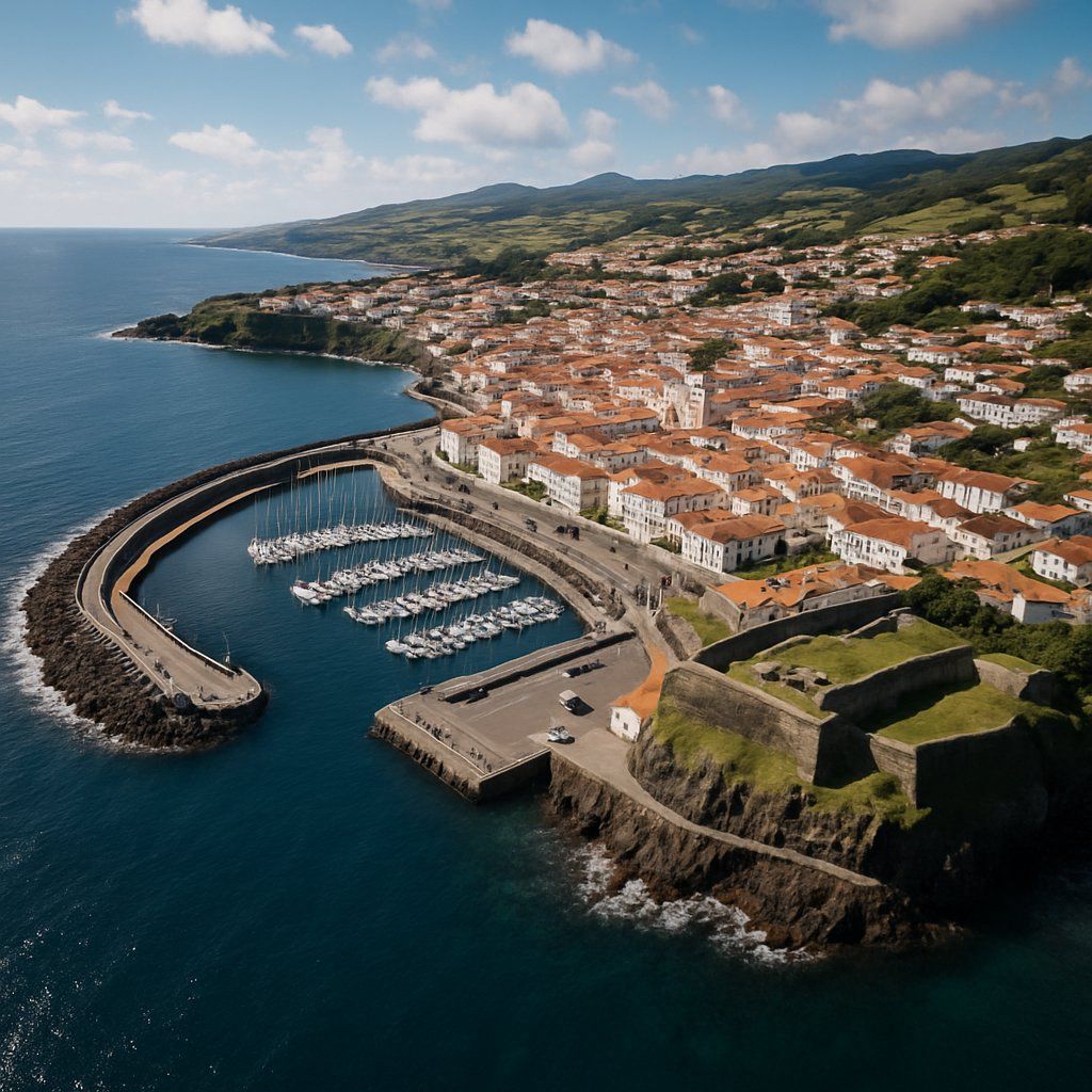 Angra Do Heroismo, Terceira, Azores Cruise Port - overhead view of the Angra Do Heroism itinerary stop located in the Europe - Western Europe cruising region