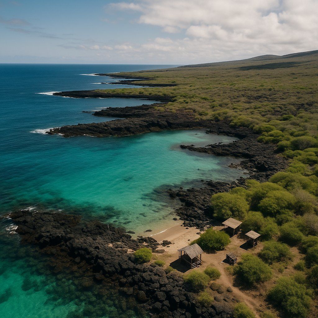 Bahia Post Office, Floreana, Galapagos Cruise Port - overhead view of the Bahia Post Off itinerary stop located in the Galapagos cruising region
