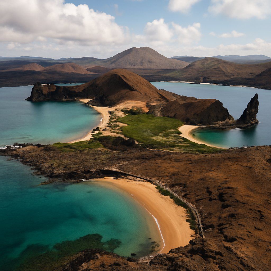 Bartolome Island, San Salvador, Galapagos Cruise Port - overhead view of the Bartolome Isl itinerary stop located in the Galapagos cruising region