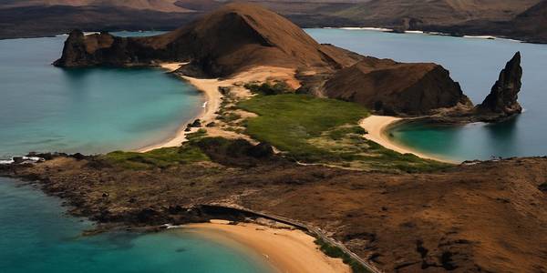Bartolome Island, San Salvador, Galapagos Cruise Port - overhead view of the Bartolome Isl itinerary stop located in the Galapagos cruising region