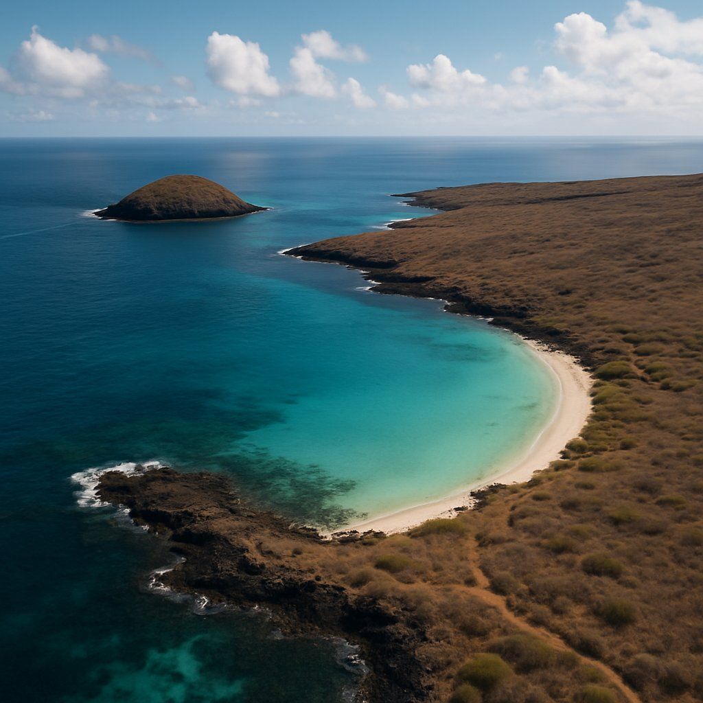 Champion Bay, Floreana, Galapagos Cruise Port - overhead view of the Champion Bay itinerary stop located in the Galapagos cruising region