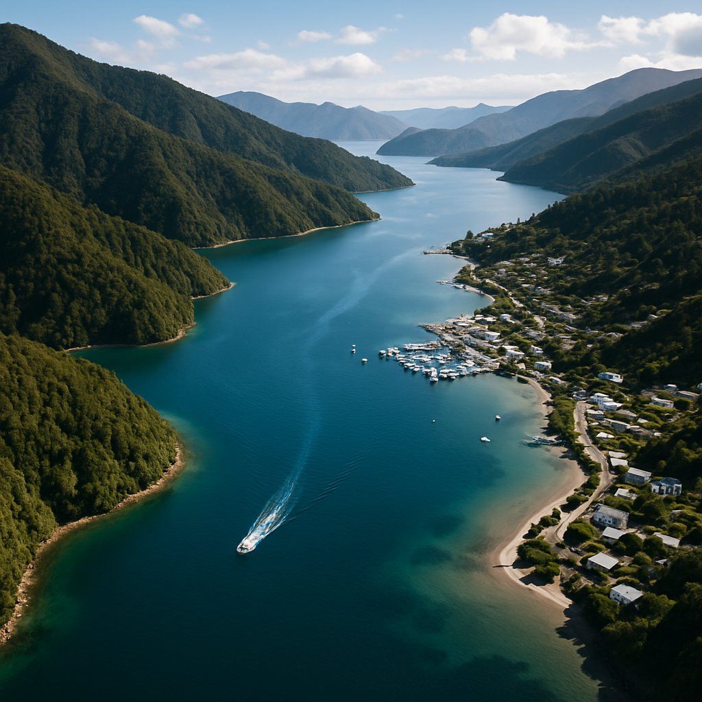 Cruise Marlborough Sounds Cruise Port - overhead view of the Marlborough Sound itinerary stop located in the South Pacific - Australia cruising region