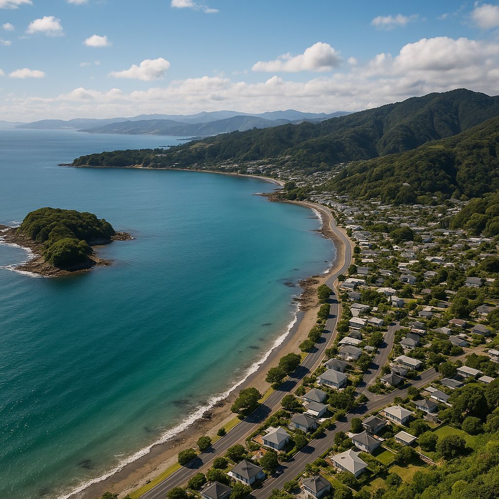 Cruise New Zealand Coast Cruise Port - overhead view of the New Zealand Coas itinerary stop located in the South Pacific - Australia cruising region