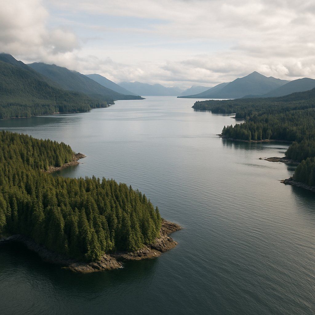Cruise Outside Passage, Alaska Cruise Port - overhead view of the Outside Passage itinerary stop located in the Alaska cruising region