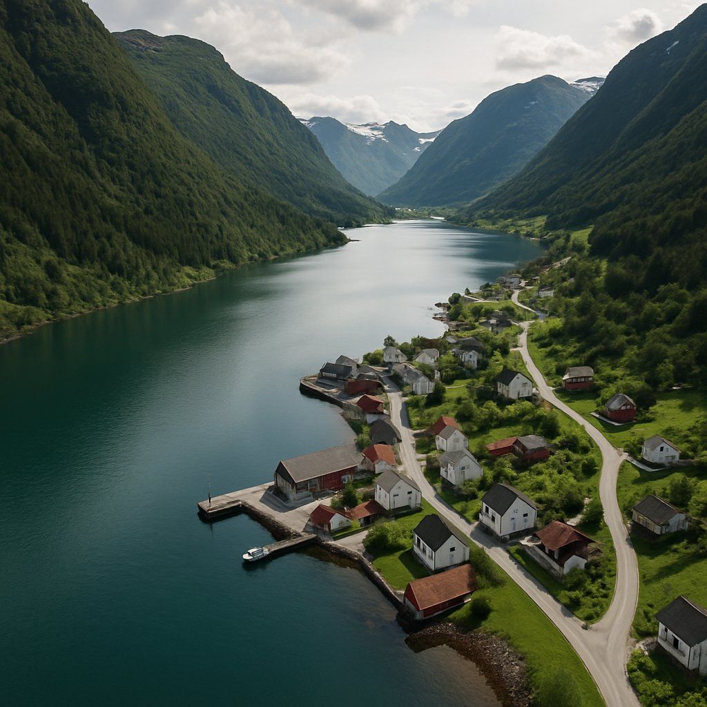 Fjaerland, Norway Cruise Port - overhead view of the Fjaerland itinerary stop located in the Europe - Northern Europe cruising region