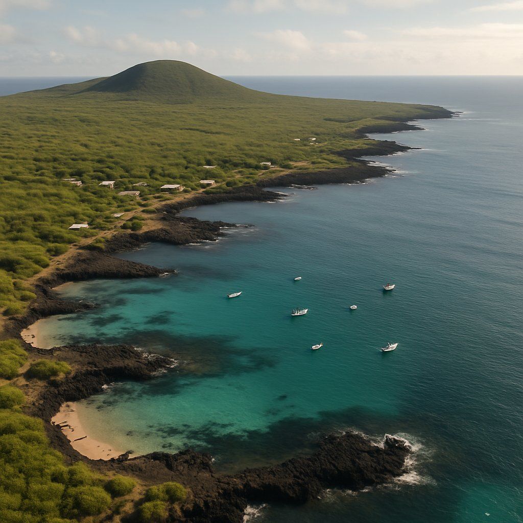 Floreana Island, Galapagos Islands Cruise Port - overhead view of the Floreana Island itinerary stop located in the Galapagos cruising region