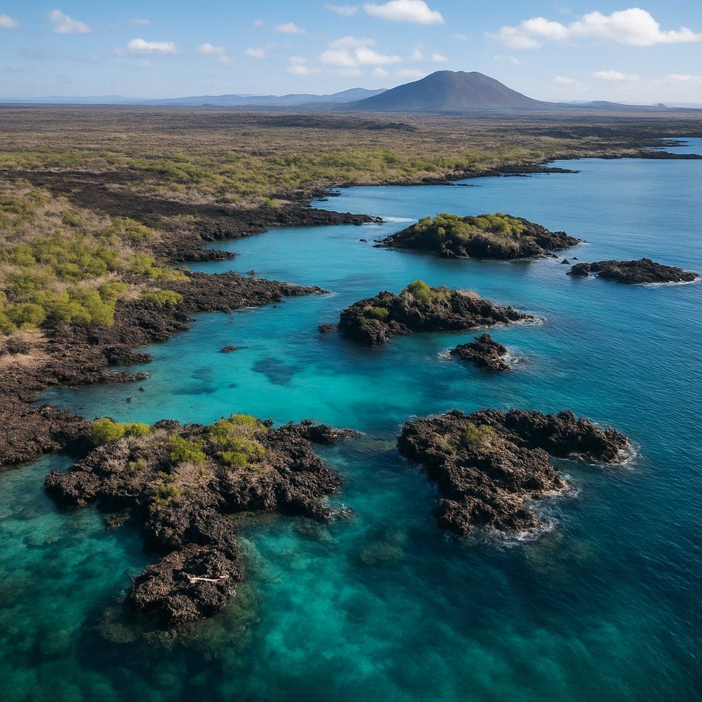 Las Tintoreras, Isabela, Galapagos Cruise Port - overhead view of the Las Tintoreras itinerary stop located in the Galapagos cruising region