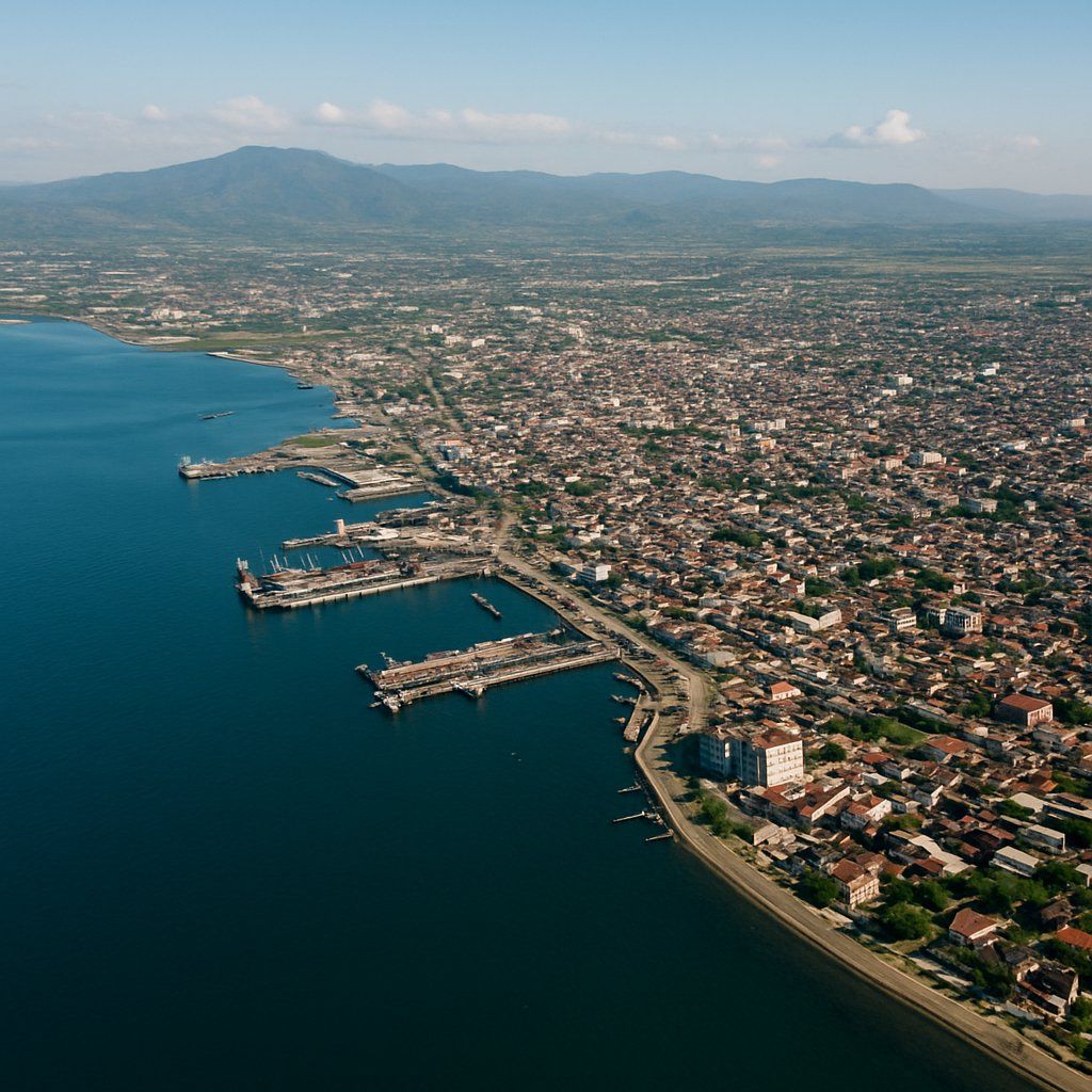 Makassar, Sulawesi, Indonesia Cruise Port - overhead view of the Makassar itinerary stop located in the South Pacific cruising region
