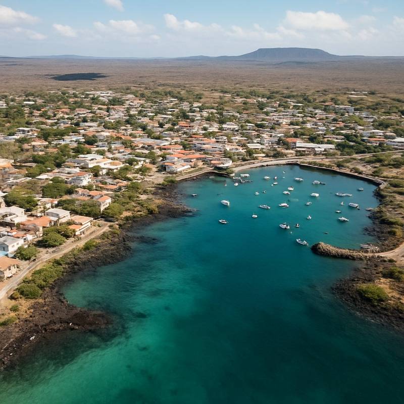 Puerto Baquerizo, San Cristobal, Galapagos Cruise Port - overhead view of the Puerto Baquerizo itinerary stop located in the Galapagos cruising region