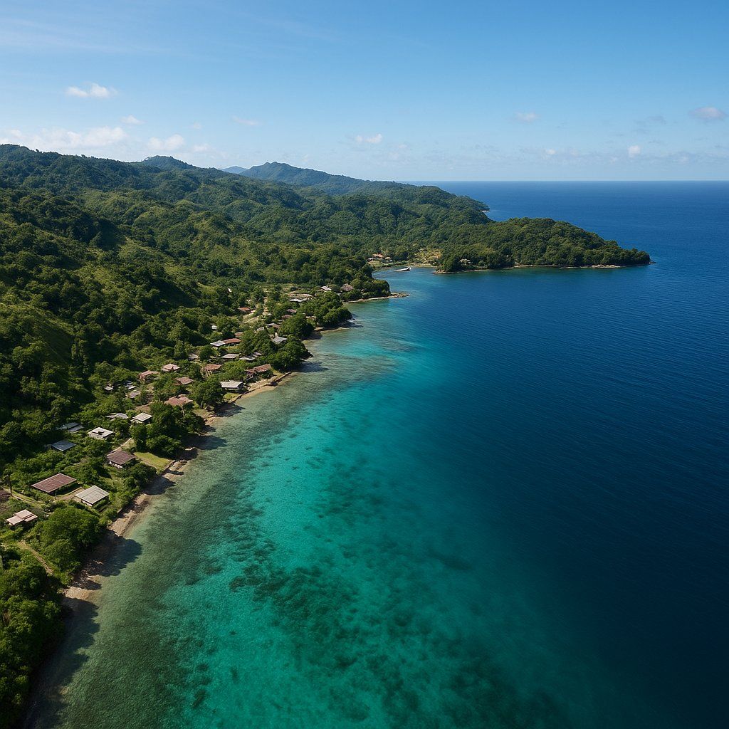 Tuam Island, Morobe, Papua New Guinea Cruise Port - overhead view of the Tuam Island itinerary stop located in the South Pacific - Australia cruising region